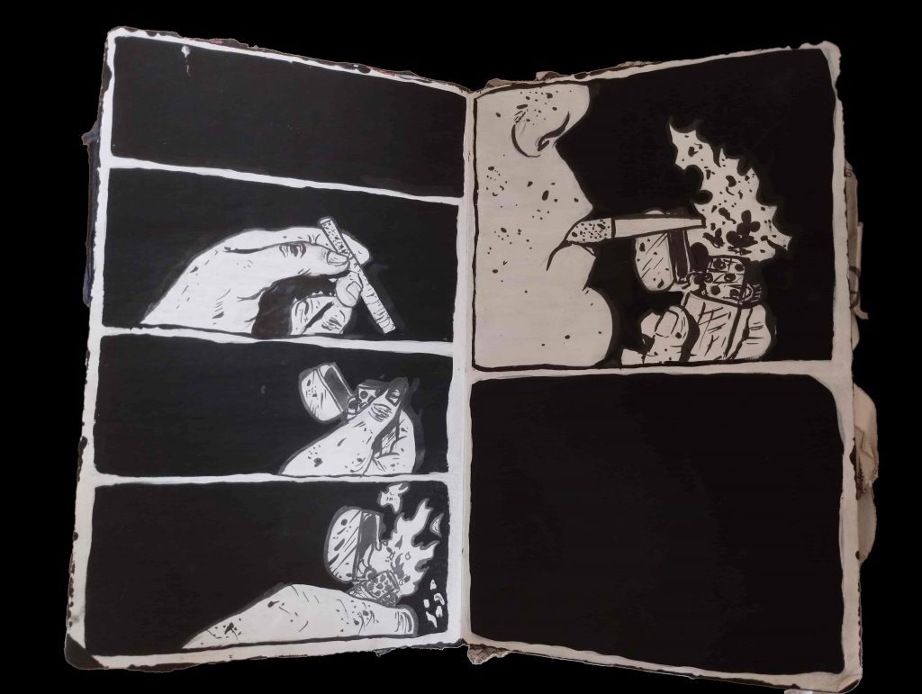 dessin sous forme de bd de quelqu'un qui allume une cigarette