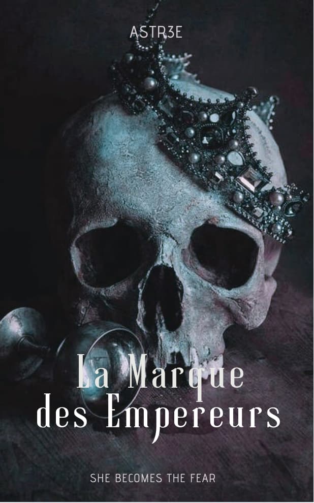 Couverture de livre au nom de 'La marque des Empereurs, représzentant un crâne blanc posé sur une table sur lequel tombe une courronne