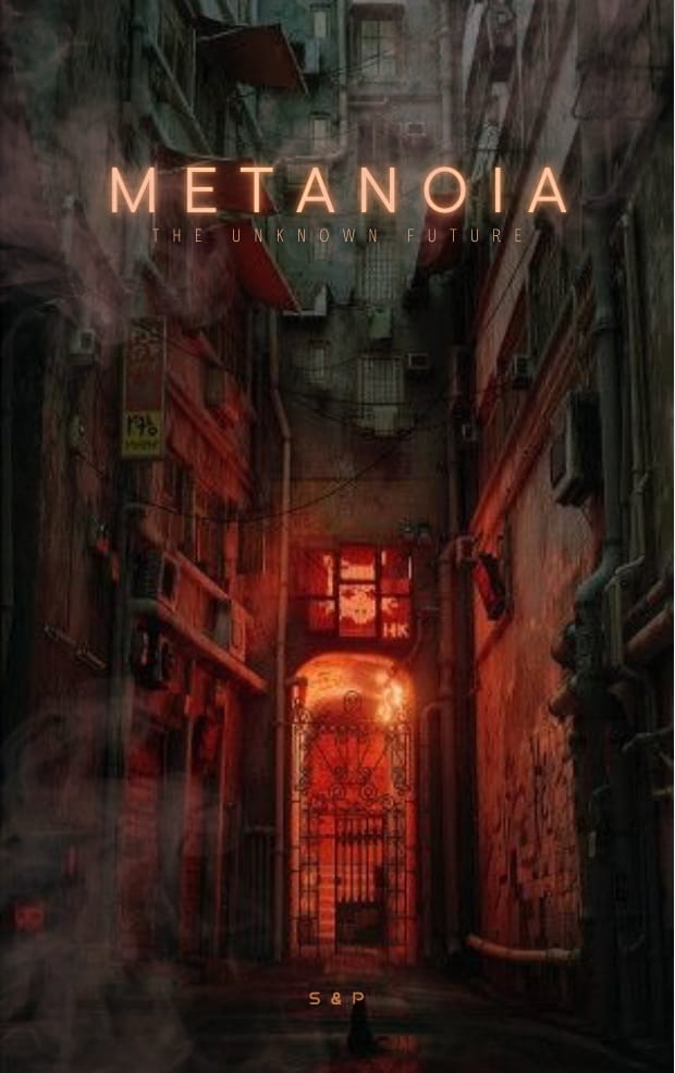 couverture de livre portant le nom de metanoia, représentant lintérieur d'une ruelle délabrée, type cyber punk, avce des leds rouges illuminants le bout de la rue