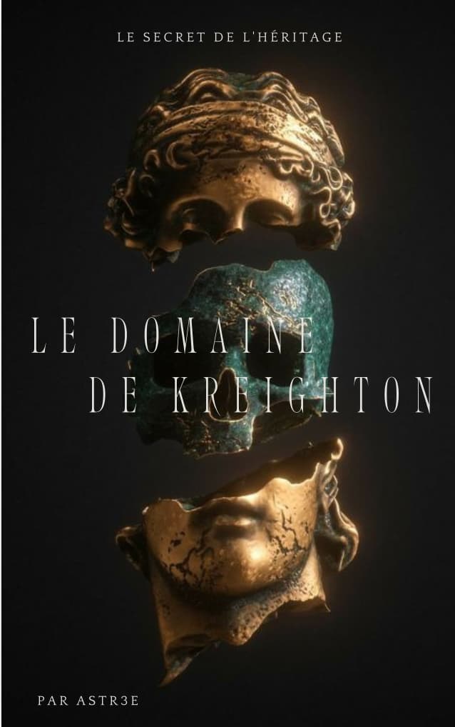 couverture de livre portant le nom "Le domaine de Kreghton", image représentant une statue couleur or s'ouvrant sur un crâne couleur turquoise