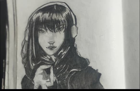 dessin d'une jeune femme aux cheveux noirs avec un casque sur les oreilles regardant vers nous