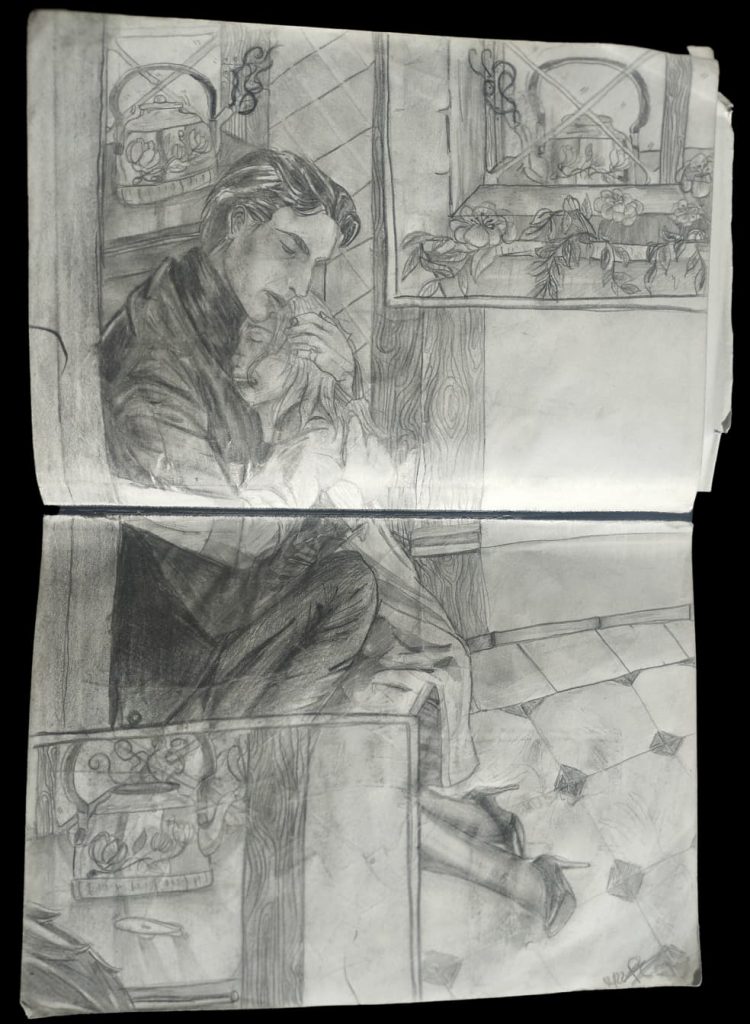 dessin dune femme et d'un homme s'entrelaçant dans une cuisine. la femme pleure, lhomme la console