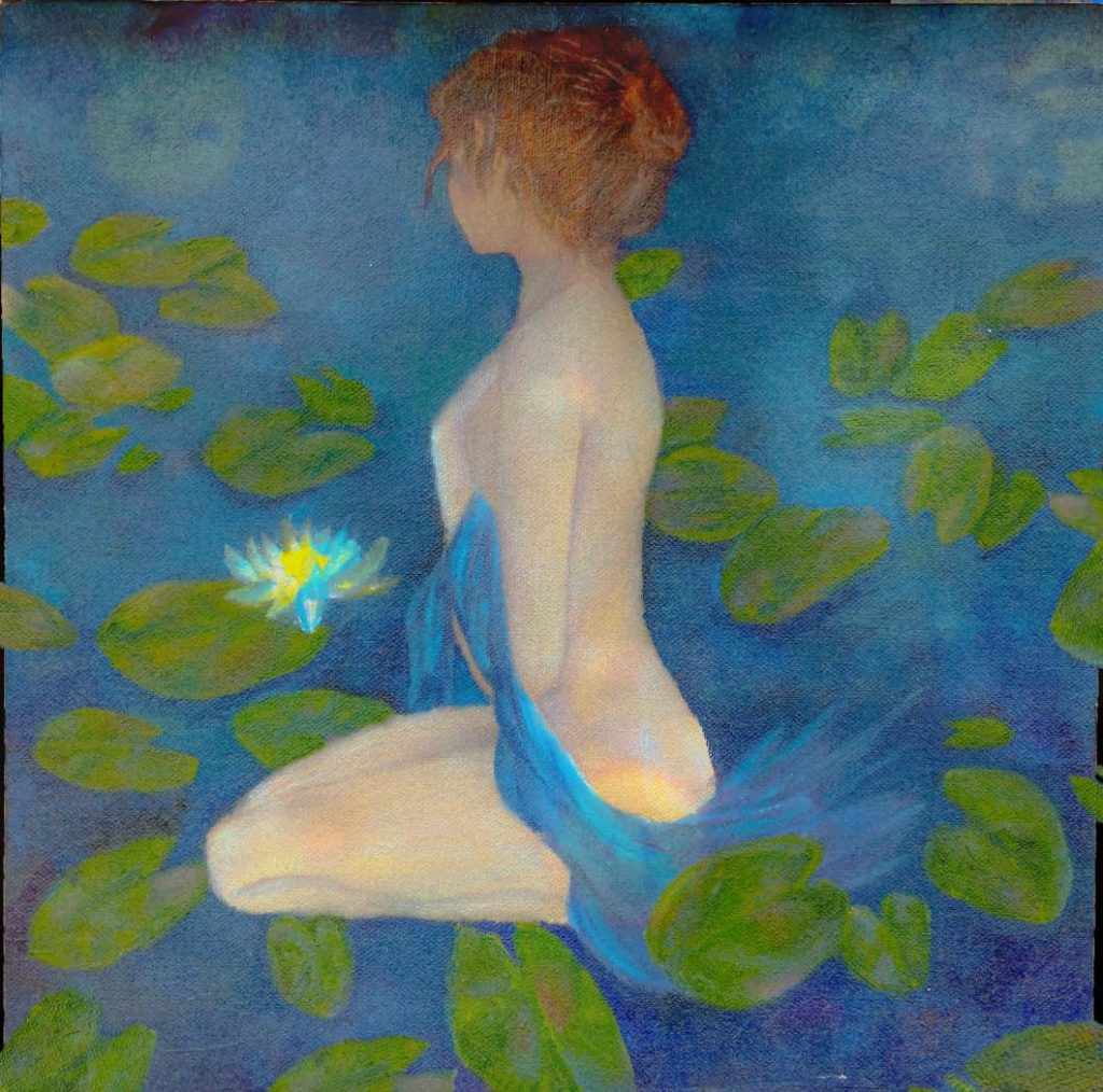 peinture représentant une femme qui est assise dans de l'eau, entourée de nénuphar