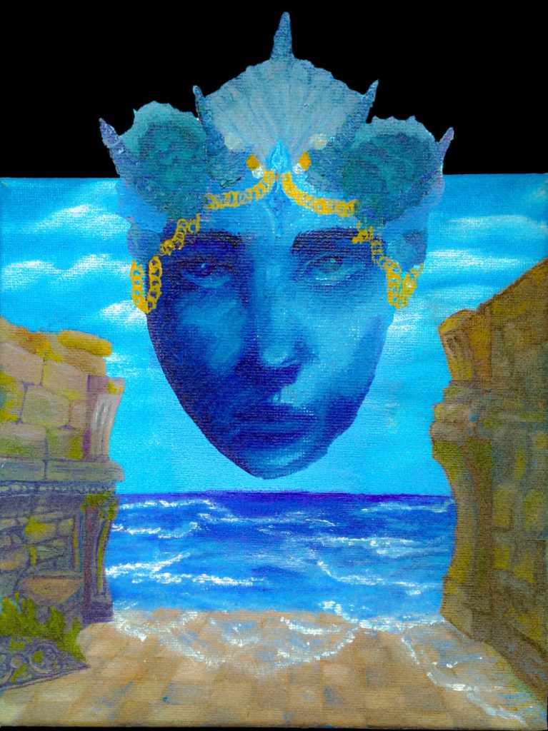 peinture représentant un visage de femme à la peau blanc, flottant dans l'air au dessus de ruines posées sur de l'eau