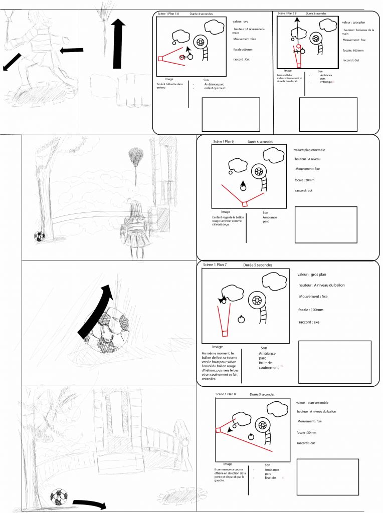 plan pied ainsi que storyboard de la sène 1 à la scèene 2 du projet de ilm de mon année