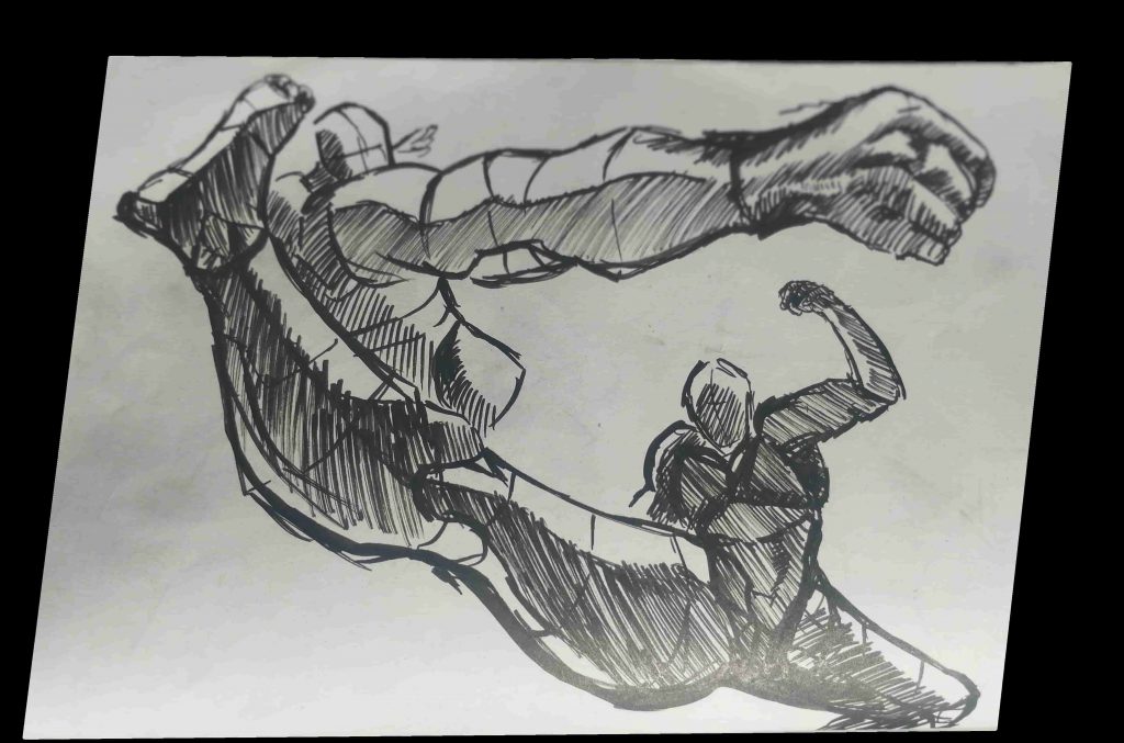 croquis de deux silhouettes qui se battent