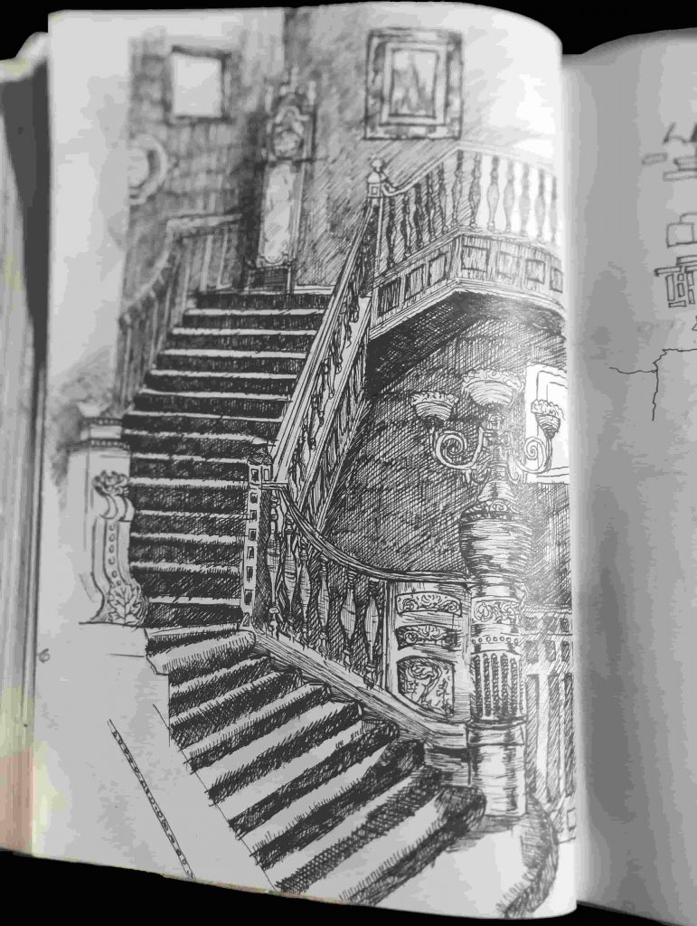 dessin d'un escaliers dans un manoir