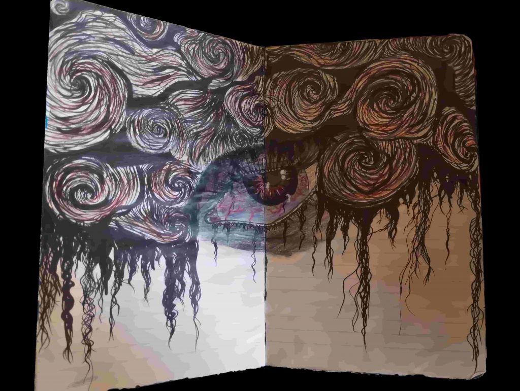 représentation dessinée, noir et rouge, représentant un oeil dans des nuages tumultueux